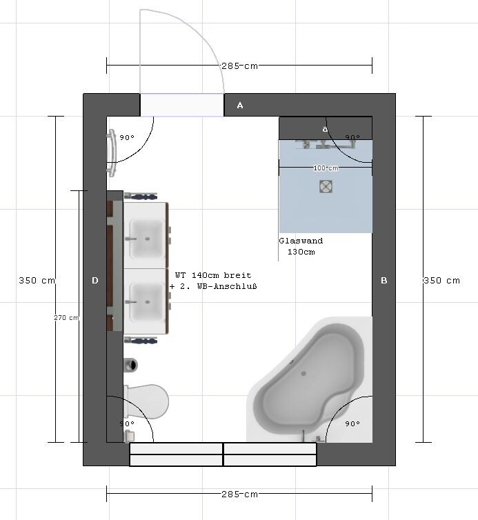 Bathroom floor plan: double washbasin on the left, toilet on the left, bathtub on the right, glass panel 130cm (51 inches).