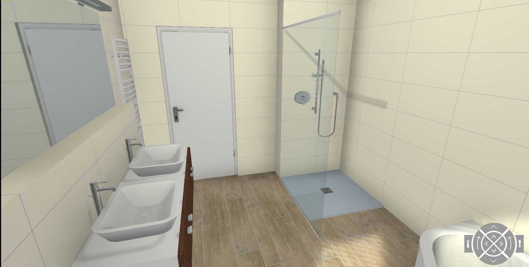 Modern bathroom with two sinks, glass shower, and mirror.