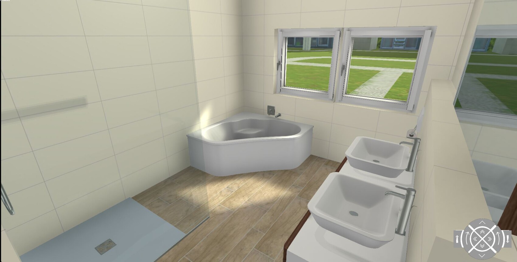 Modern bathroom with corner bathtub, double washbasin, and window overlooking the garden.