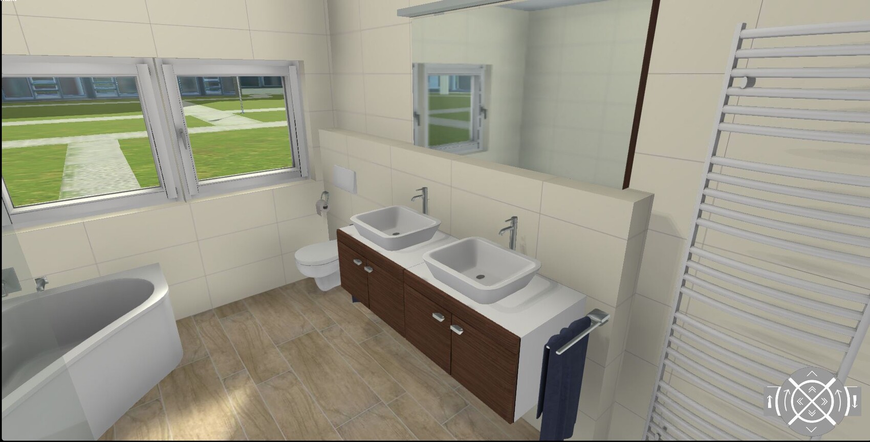 Modern bathroom with double washbasin, bathtub, toilet, mirror, and window with garden view.
