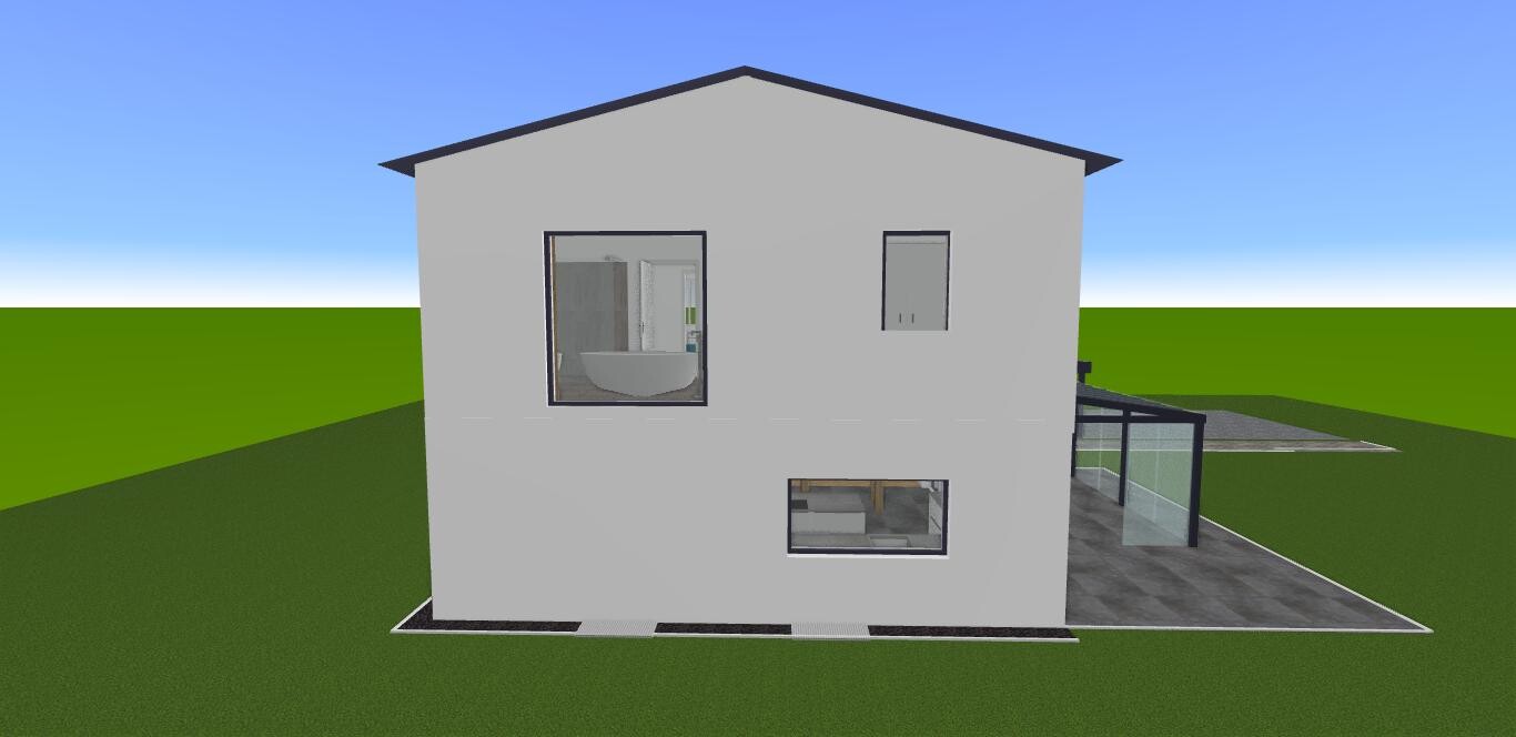 Modern gray two-story house with large window fronts and glass veranda on a green plot.