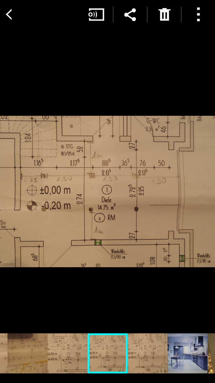 Grundriss eines Innenraums mit Wänden, Türen und Maßangaben (Raum Diele 14,75 m2).