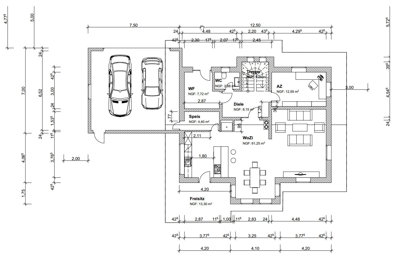 Floor plan of a house: garage, living area, kitchen, pantry, hallway, toilet, stairs, AZ, patio.
