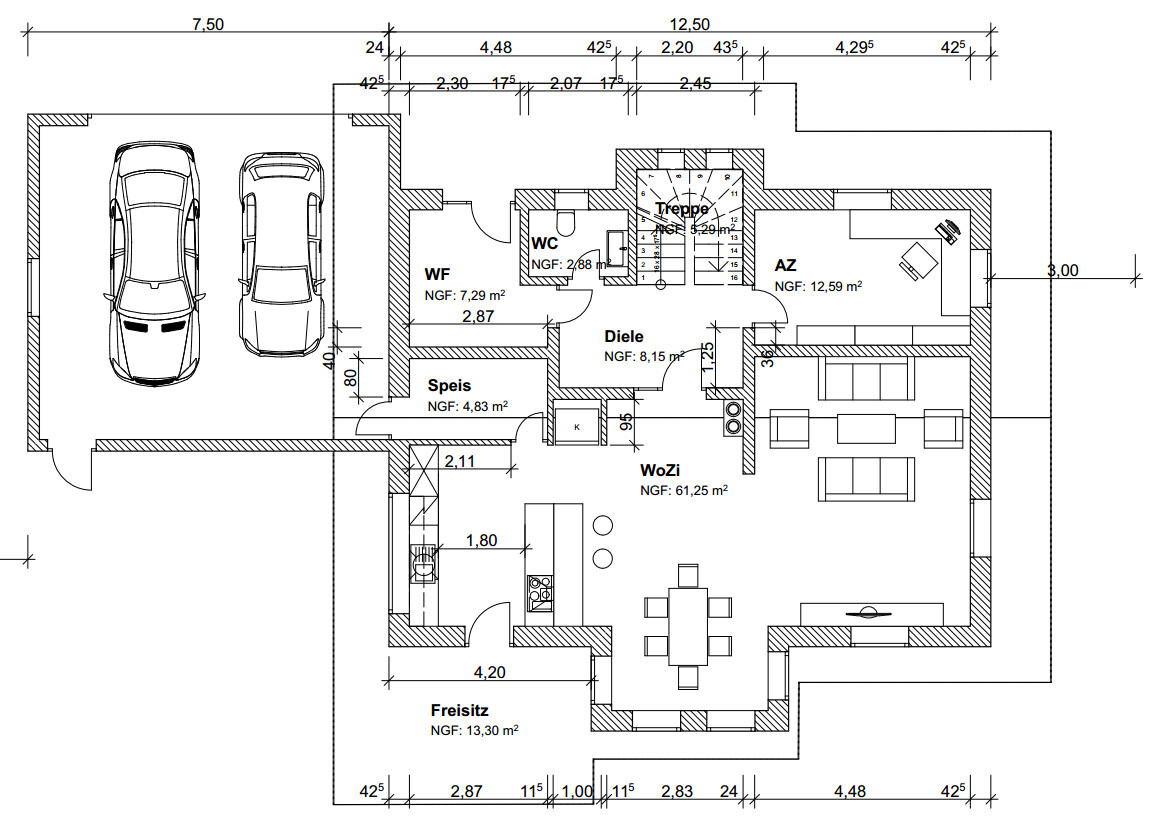 House floor plan: double garage, entrance hall, stairs, kitchen, living and dining area.