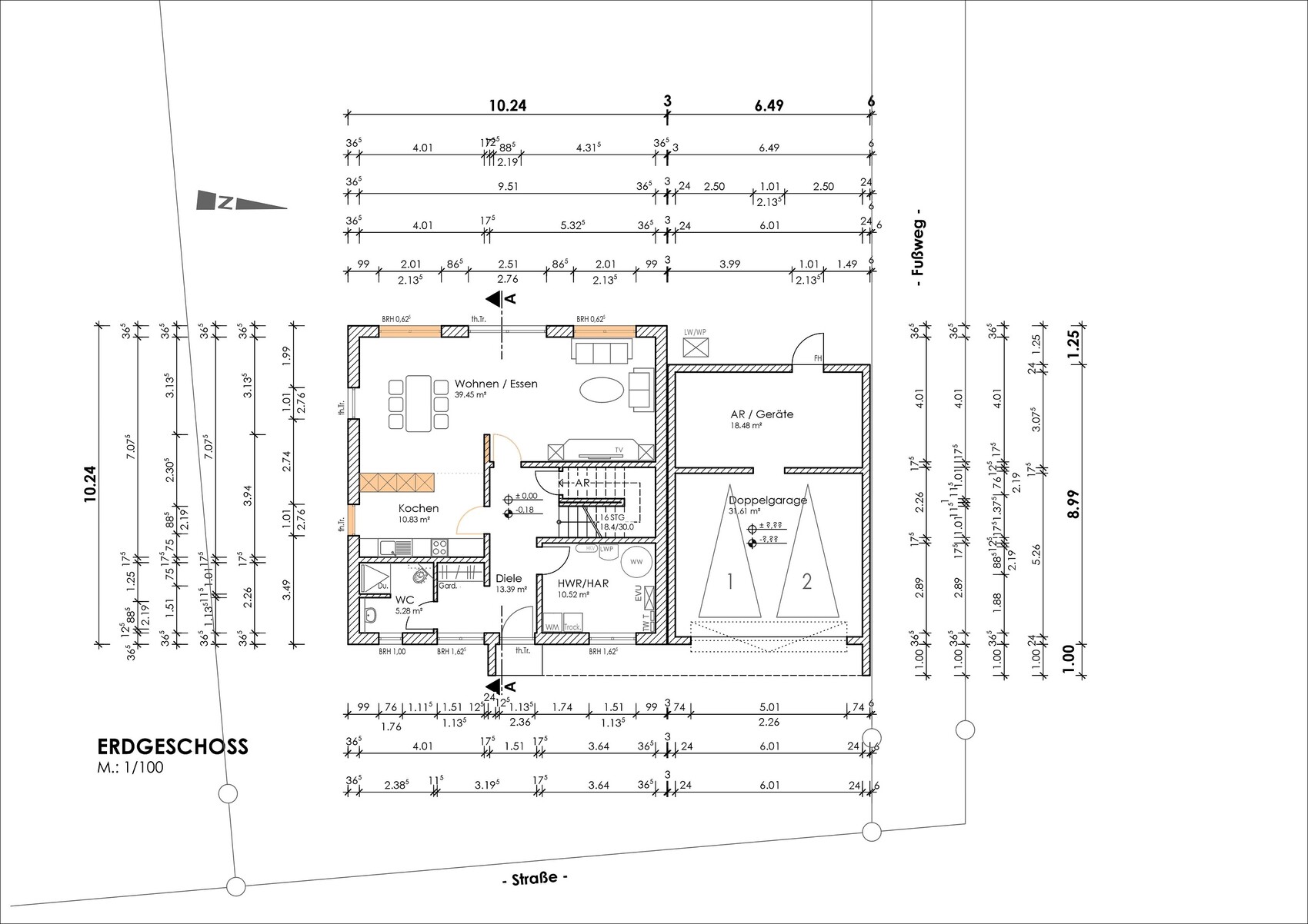 Ground floor plan: living/dining area, kitchen, hallway, WC, utility/storage room, double garage, scale 1:100