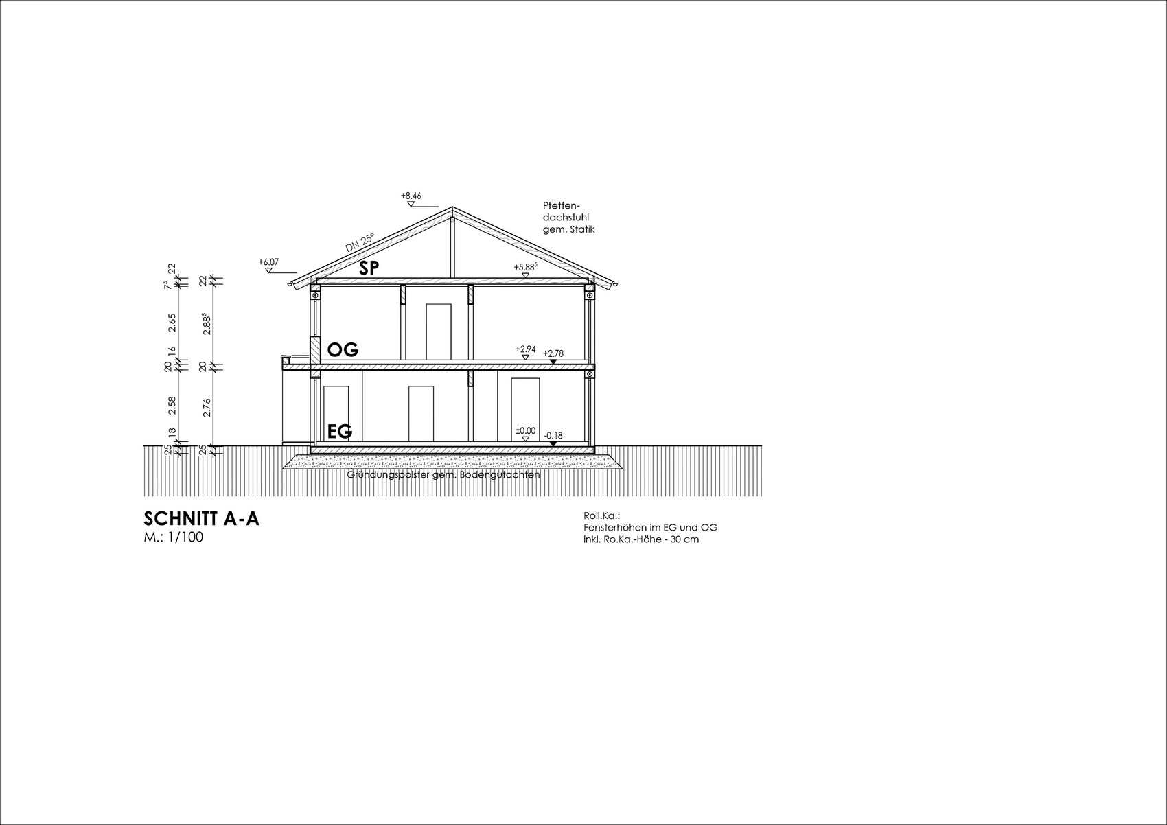 Architectural section A-A of a three-storey house with GF, UF, attic, and dimension lines.