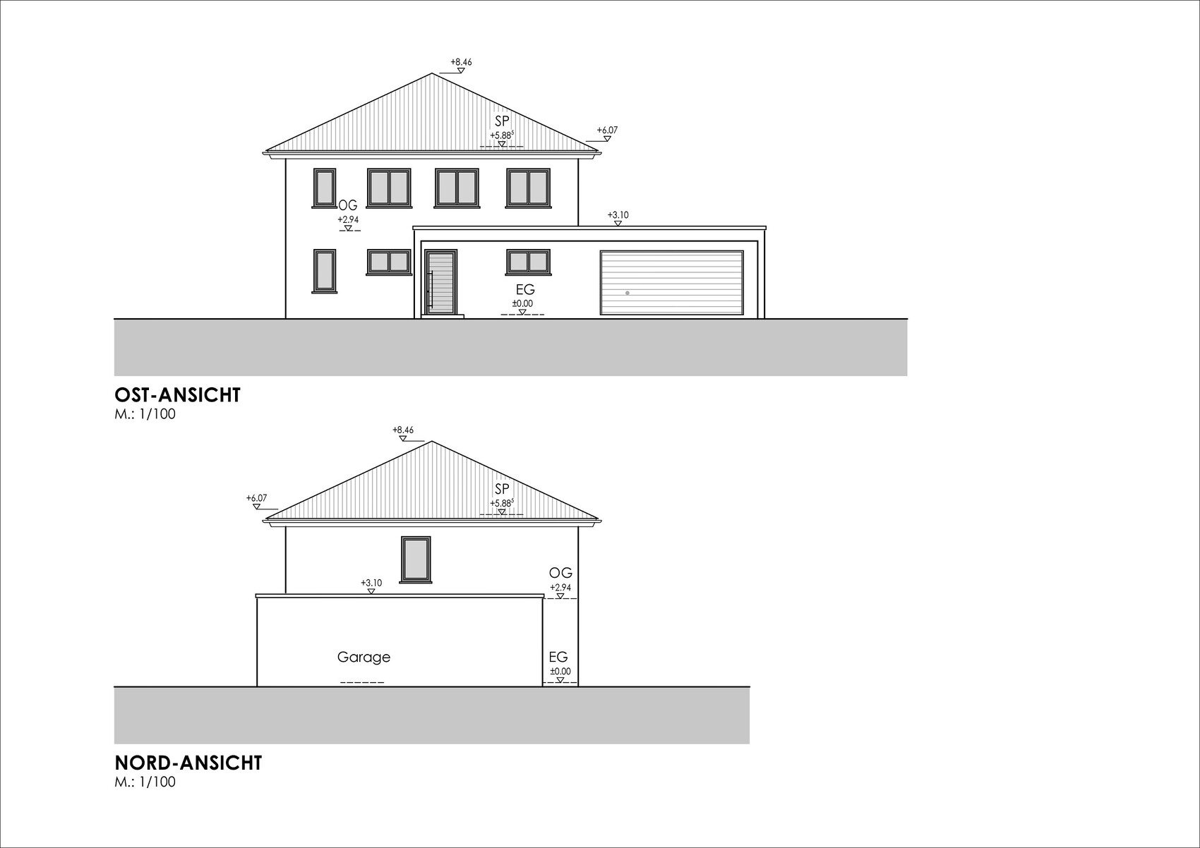East and north elevations of a two-story house with garage and flat roof extension.