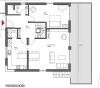 Grundrissplan eines Hauses mit Wohnzimmer, Küche, Essbereich und Terrasse