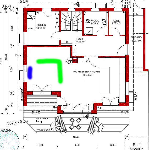 Floor plan of a house: kitchen/living, hallway, room, terrace, entrance; marked in green/blue