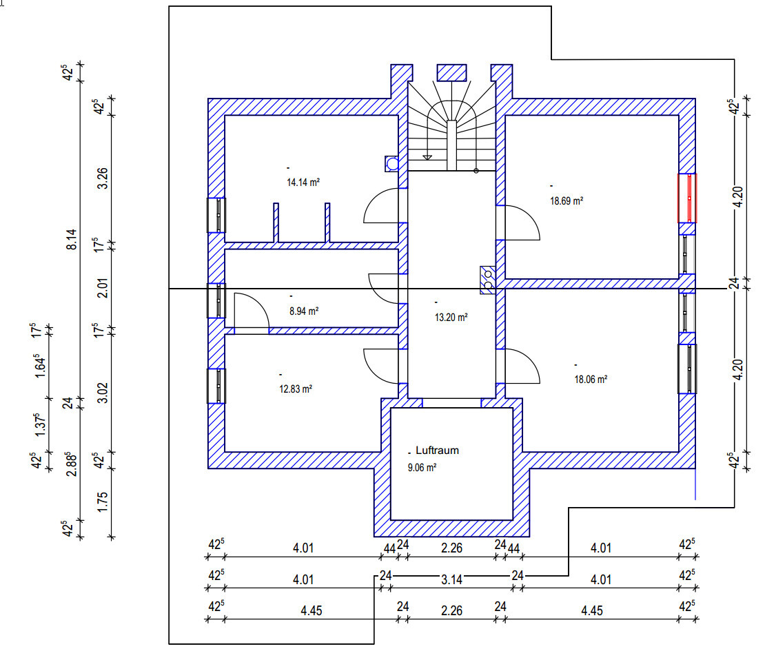 Floor plan of a building with several rooms, staircase, void, and area measurements in m².