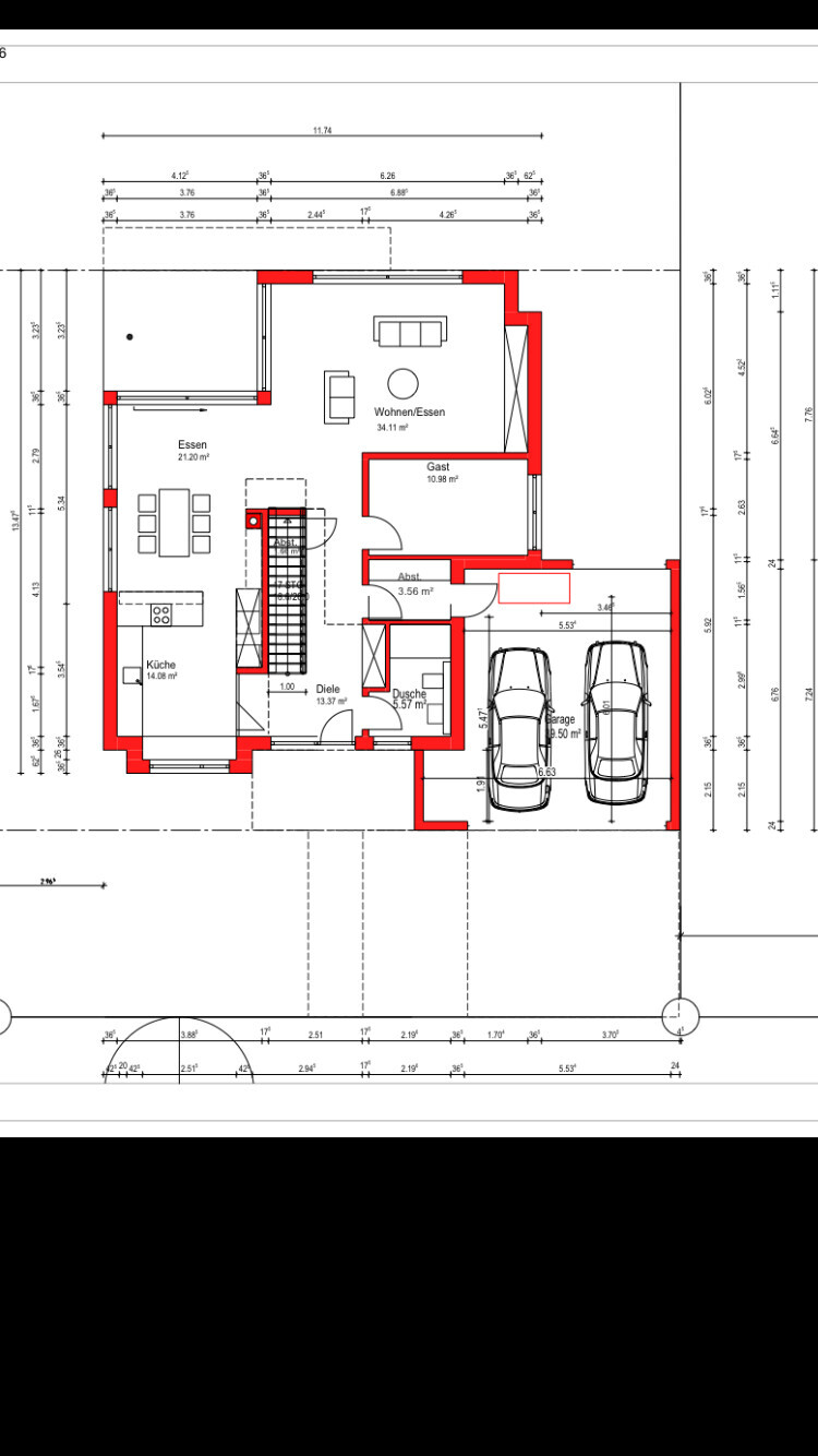 Architectural floor plan of a single-family house with kitchen, living room, dining area and garage