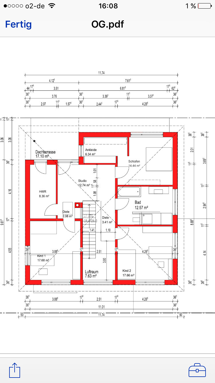 Upper floor plan of a house with bedroom, bathroom, children’s room and utility room