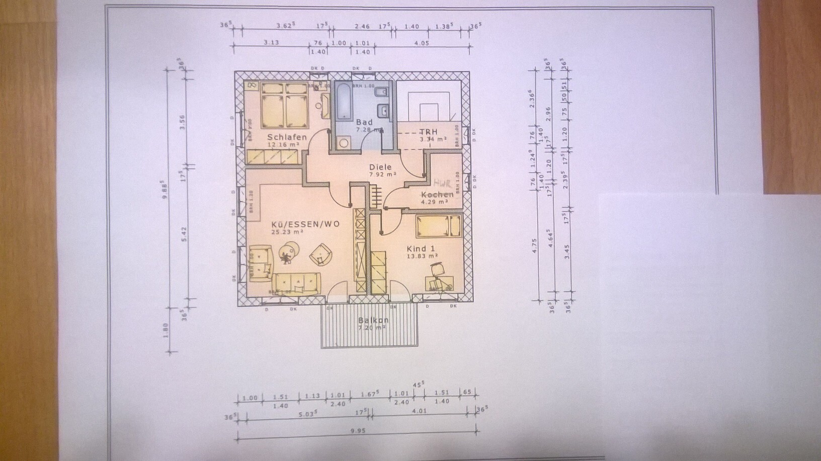 Floor plan of a house with bedroom, bathroom, kitchen, dining area, hallway and balcony.
