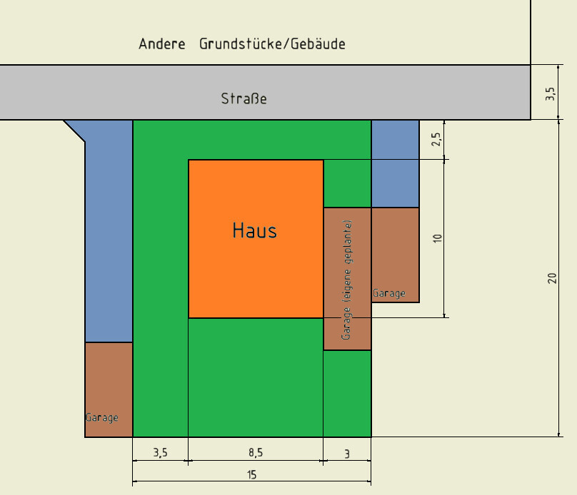 Site plan of a plot with house, garage, garden and street