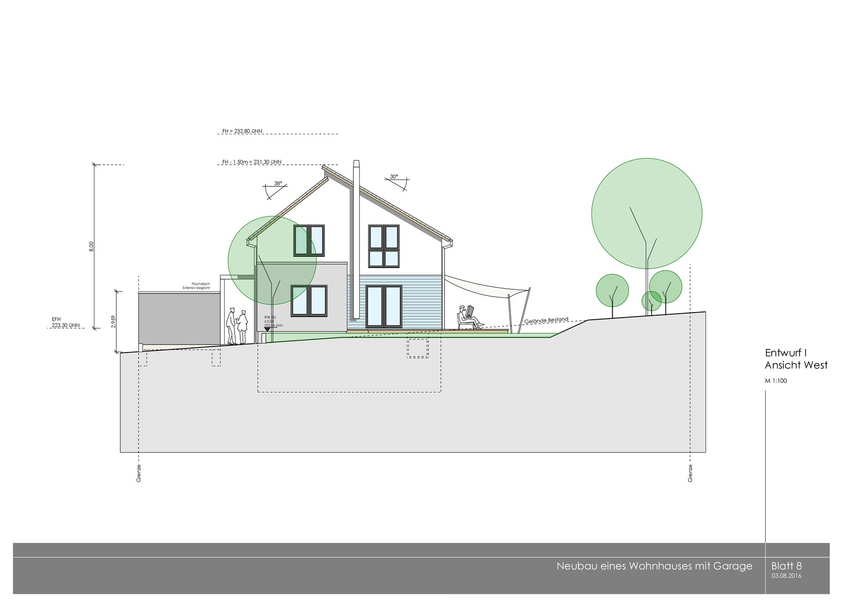 West elevation of a residential house with garage on a terrain level, trees, and sketches in the plan.