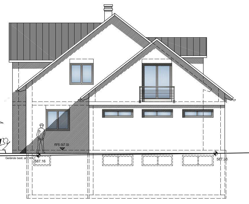 Exterior view of a house with a pitched roof, windows, and garage in architectural plan