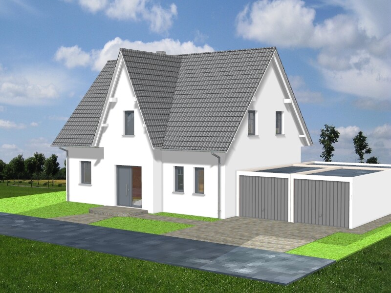 Two-story white house with gray tiled roof and attached garage on a green property.