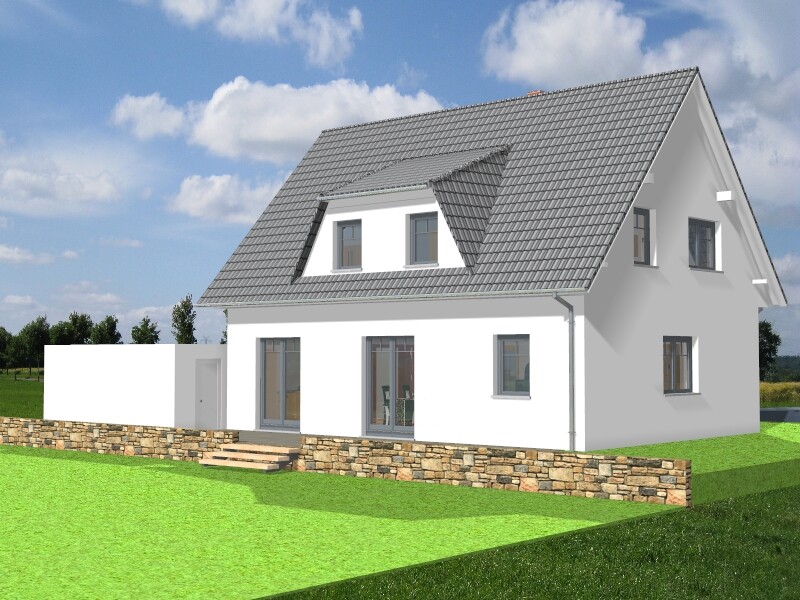 White two-story 3D house view with roof, windows, terrace, and stone wall in the garden.