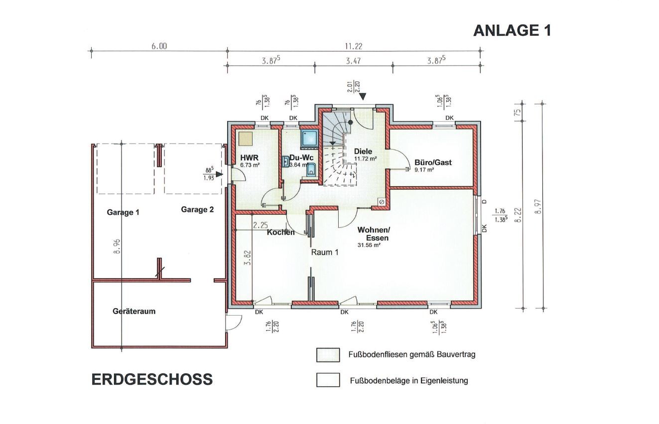 Ground floor plan of a house with living room, kitchen, hallway, utility room, bathroom, and garage