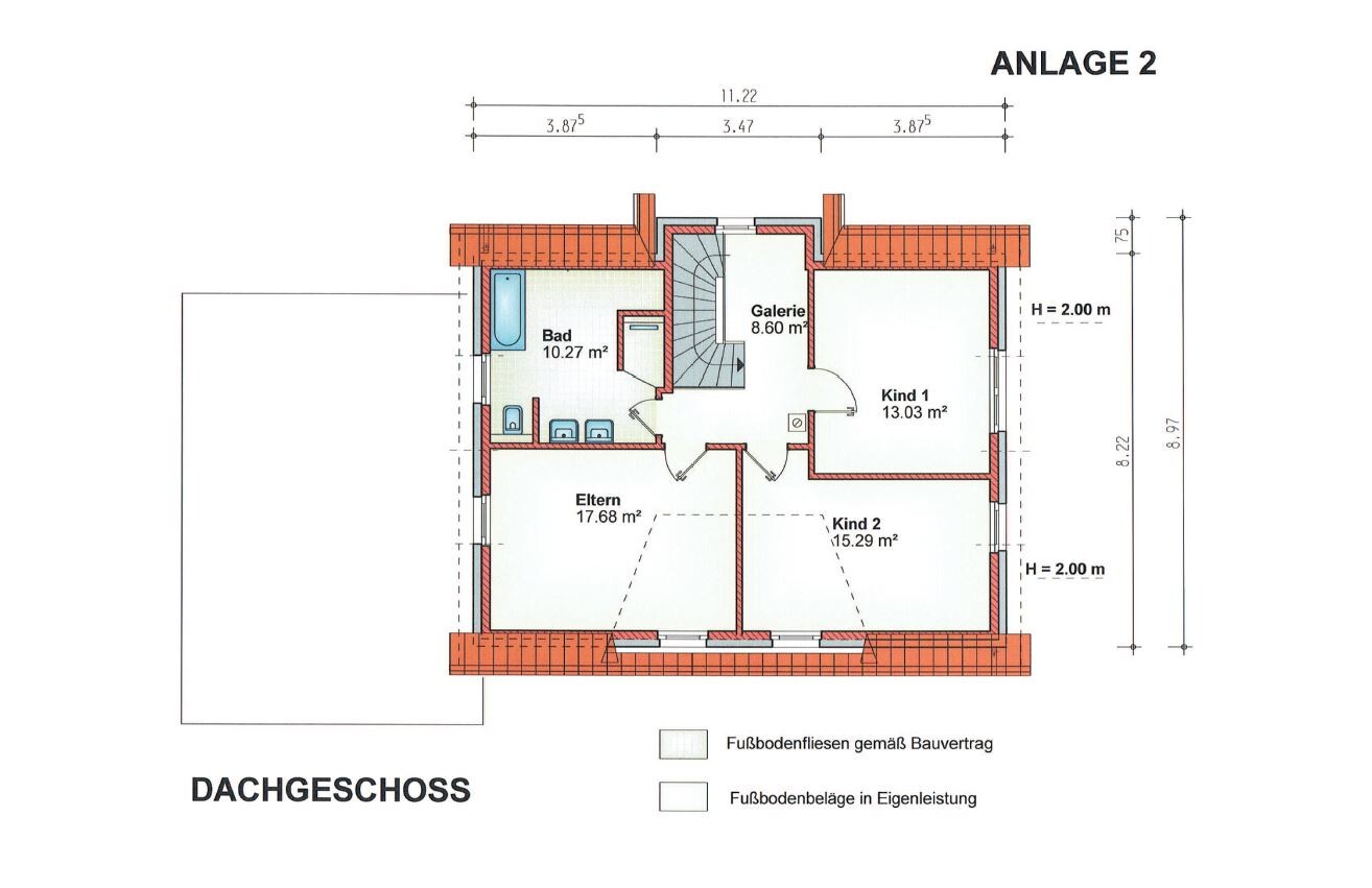 Attic floor plan with bathroom, master bedroom, and two children’s rooms