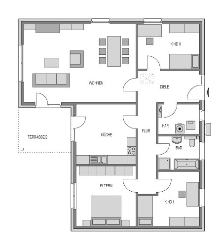 Floor plan of a house: living room, kitchen, master and children’s bedrooms, bathroom, corridor, terrace.