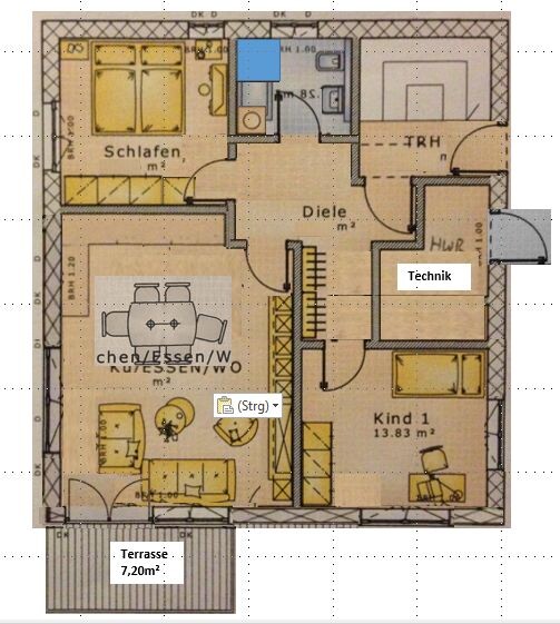 2D floor plan of a house with bedroom, child’s room 1, living room, and terrace