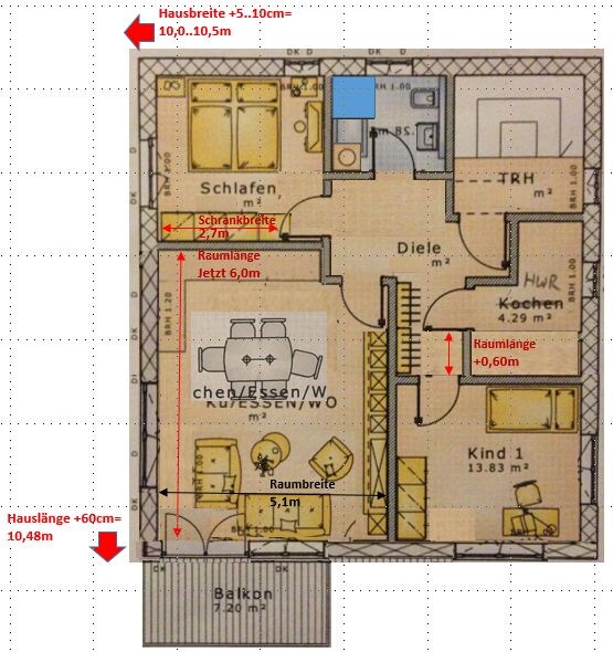 Floor plan of a house with kitchen, living room, and balcony, dimensions marked.