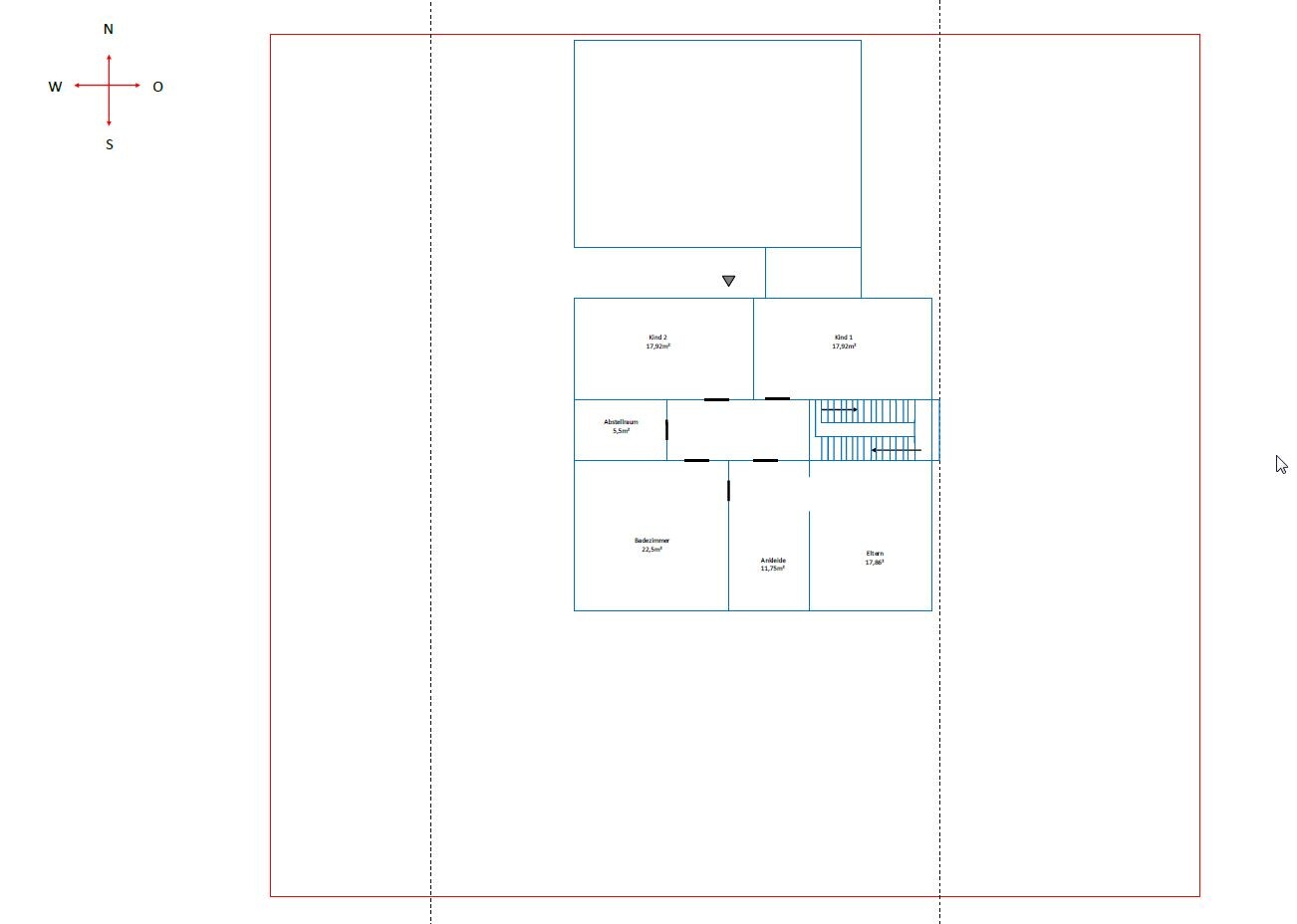 Floor plan of a house with two children’s rooms, master bedroom, dressing room, storage room, and stairs.