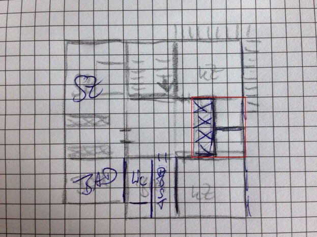 Sketch layout of a house with bathroom, WC, rooms and stairs