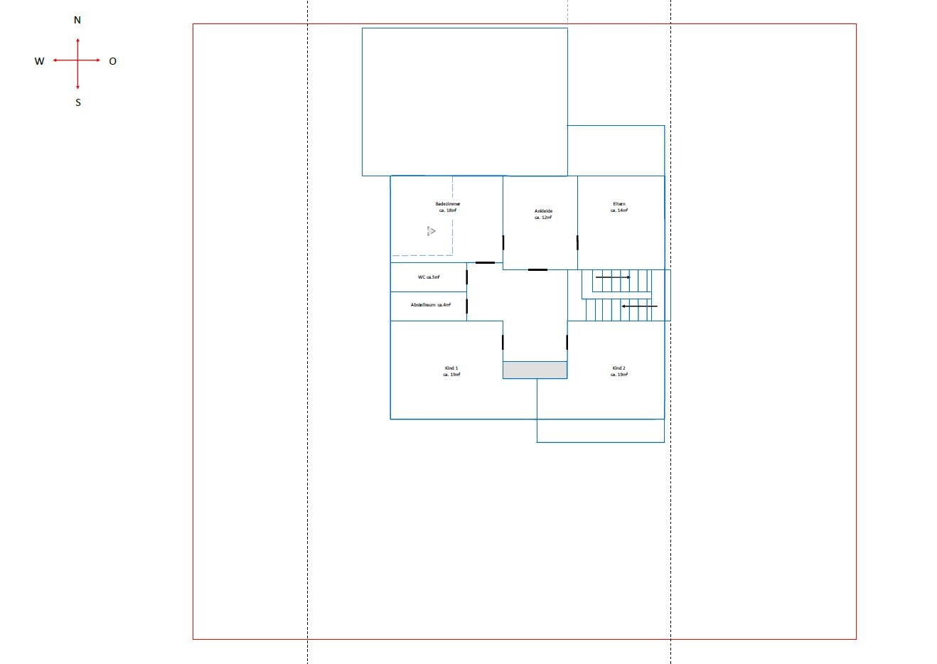 Floor plan of a house with bathroom, toilet, storage room, dressing room, master and children’s bedrooms.