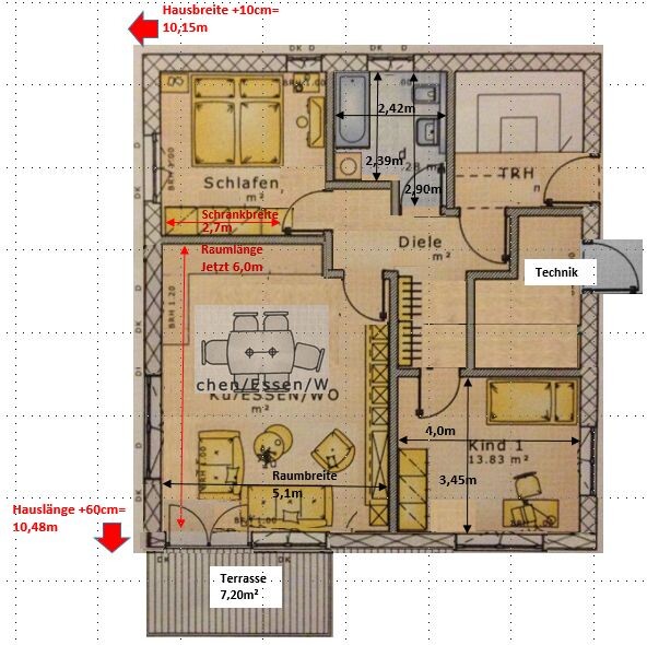 2D floor plan of a house with bedroom, kitchen and dining area, living room and terrace