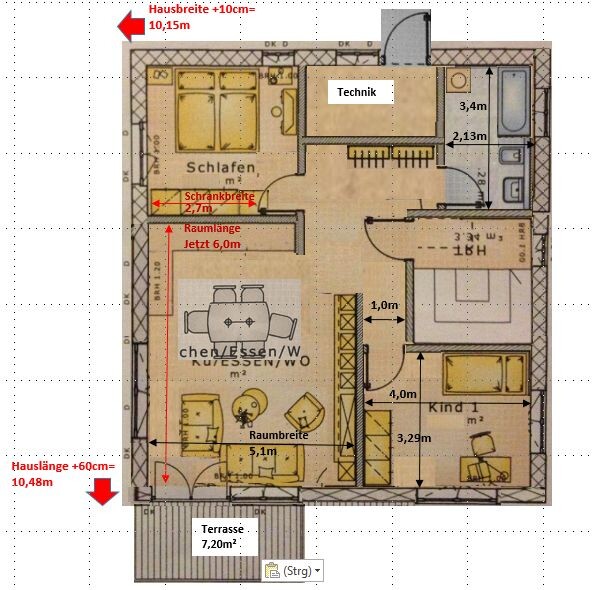 2D house floor plan with living room, bedroom, kitchen, bathroom and terrace