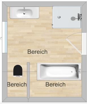 2D Badgrundriss mit Dusche, Badewanne und Waschbereich, markierte Bereiche