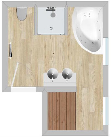 2D floor plan of bathroom with shower, bathtub, double washbasin, and wooden floor