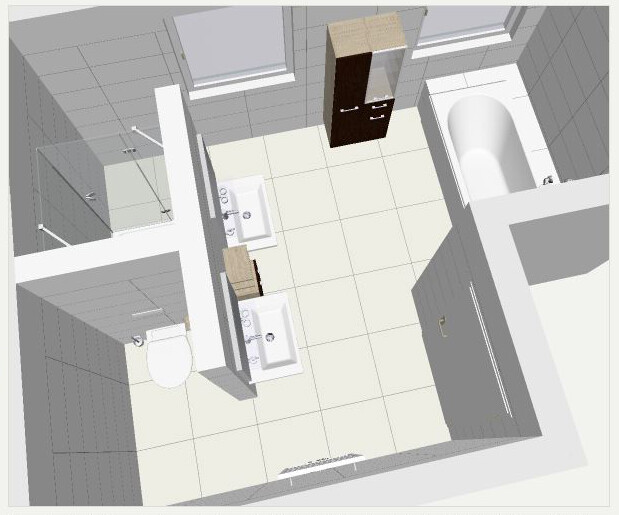 3D bathroom with double sink, shower, bathtub and toilet in the floor plan