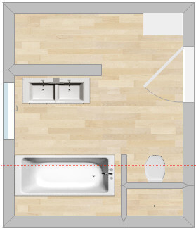 2D bathroom floor plan with double sink, bathtub, and toilet in light wood finish
