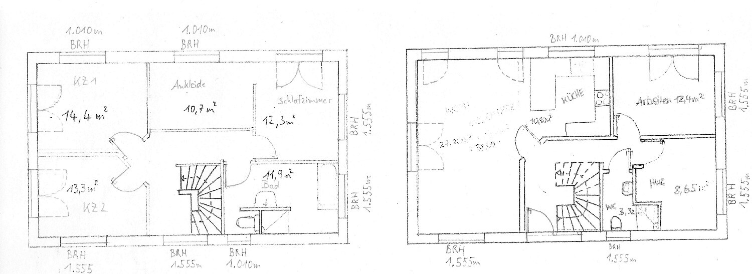 Two-storey floor plan: ground floor with rooms and stairs; upper floor with kitchen.