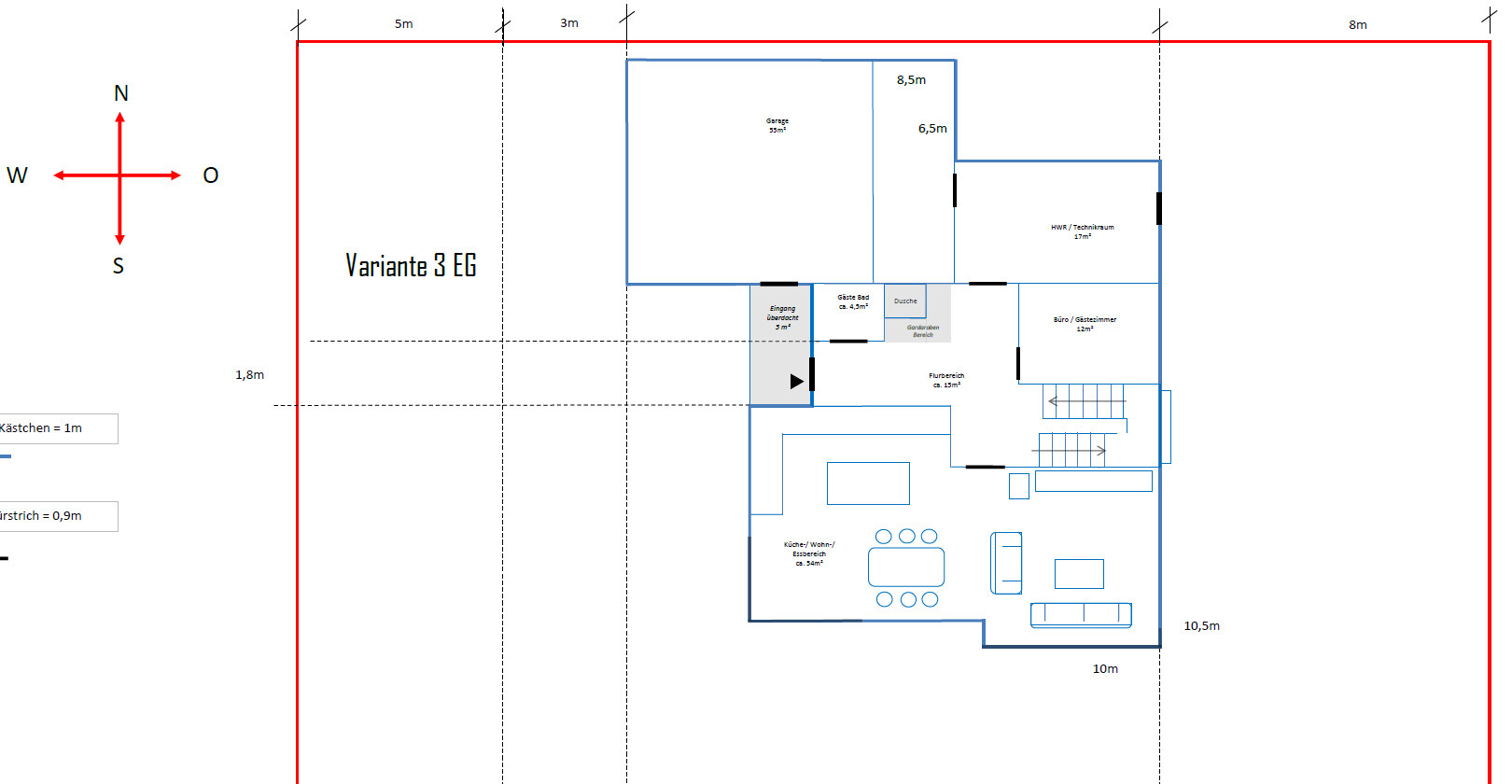 Grundriss EG Variante 3: Küche/Wohnen/Essbereich, Garage, HWR, Büro, Gästebad