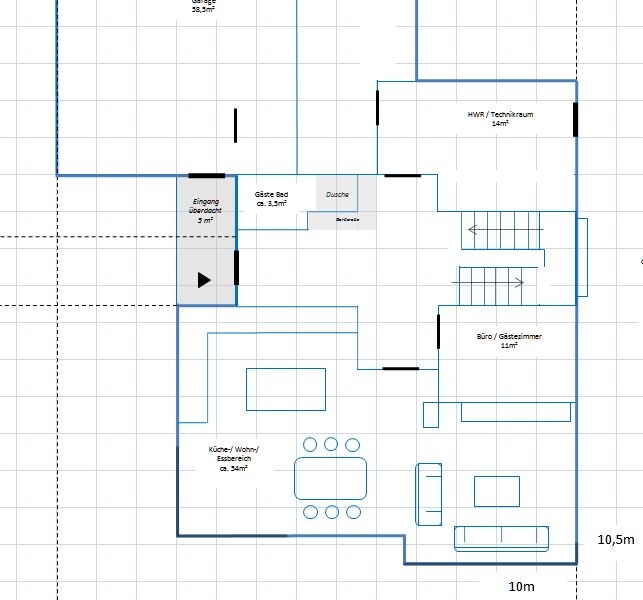Floor plan: Open kitchen/living/dining area with dining table and sofa; office/guest room; utility room; bathroom; stairs.