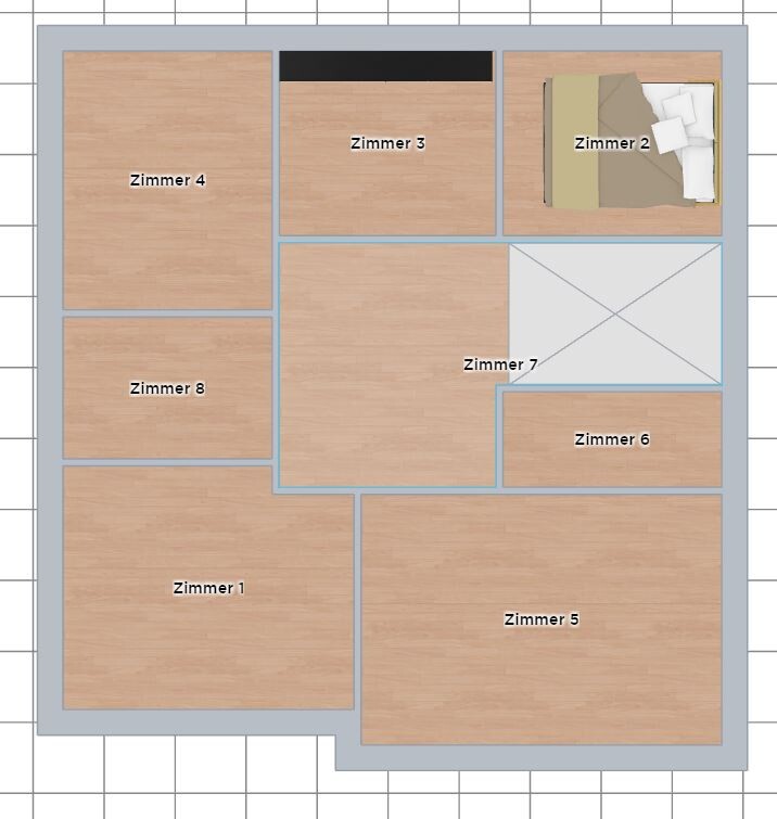 Floor plan of a building with eight rooms (1–8); room 2 contains a bed, other rooms are empty.