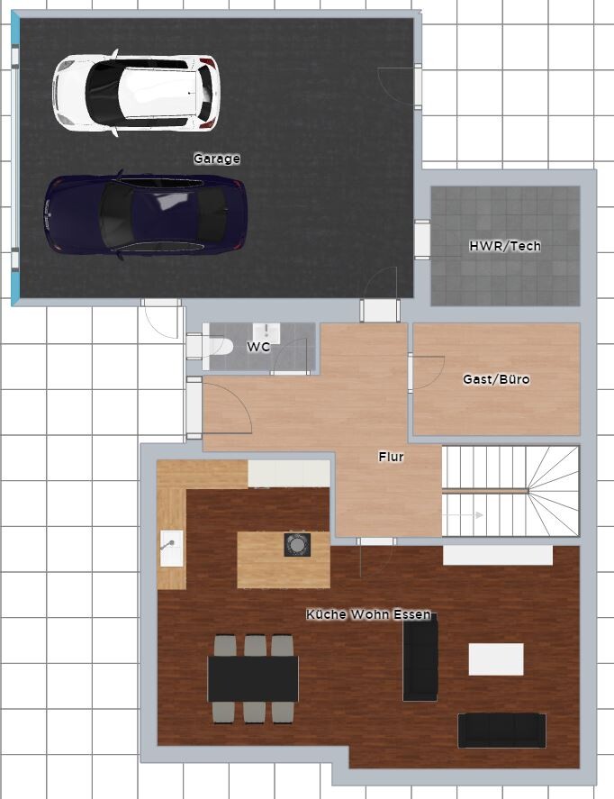 Floor plan: garage with space for two cars, hallway, toilet, kitchen/living/dining area, guest/office, utility room.