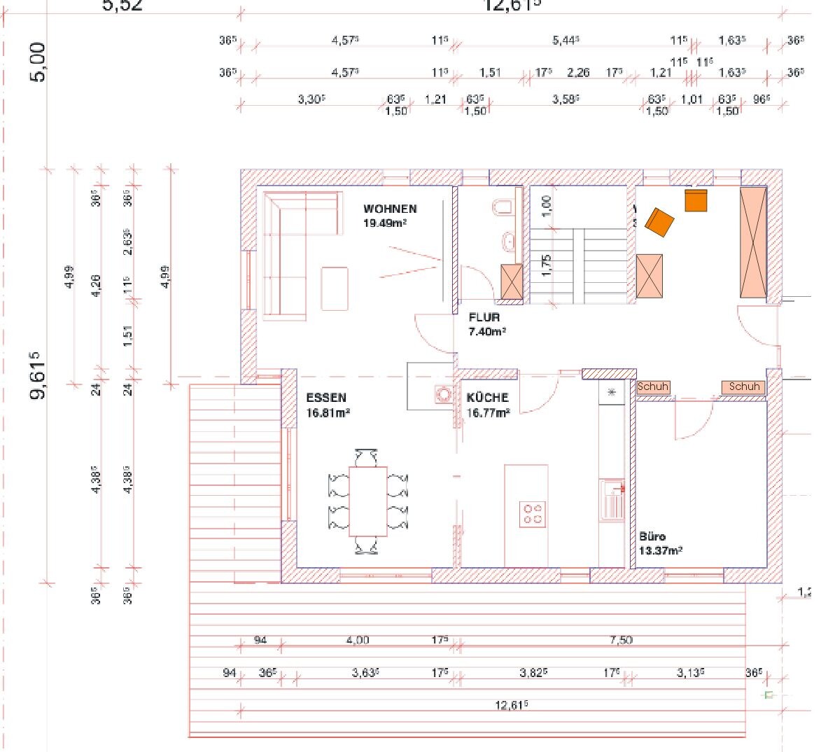 Grundriss eines Wohn- und Essbereichs mit Küche, Flur, Büro und Treppe, möbliert.