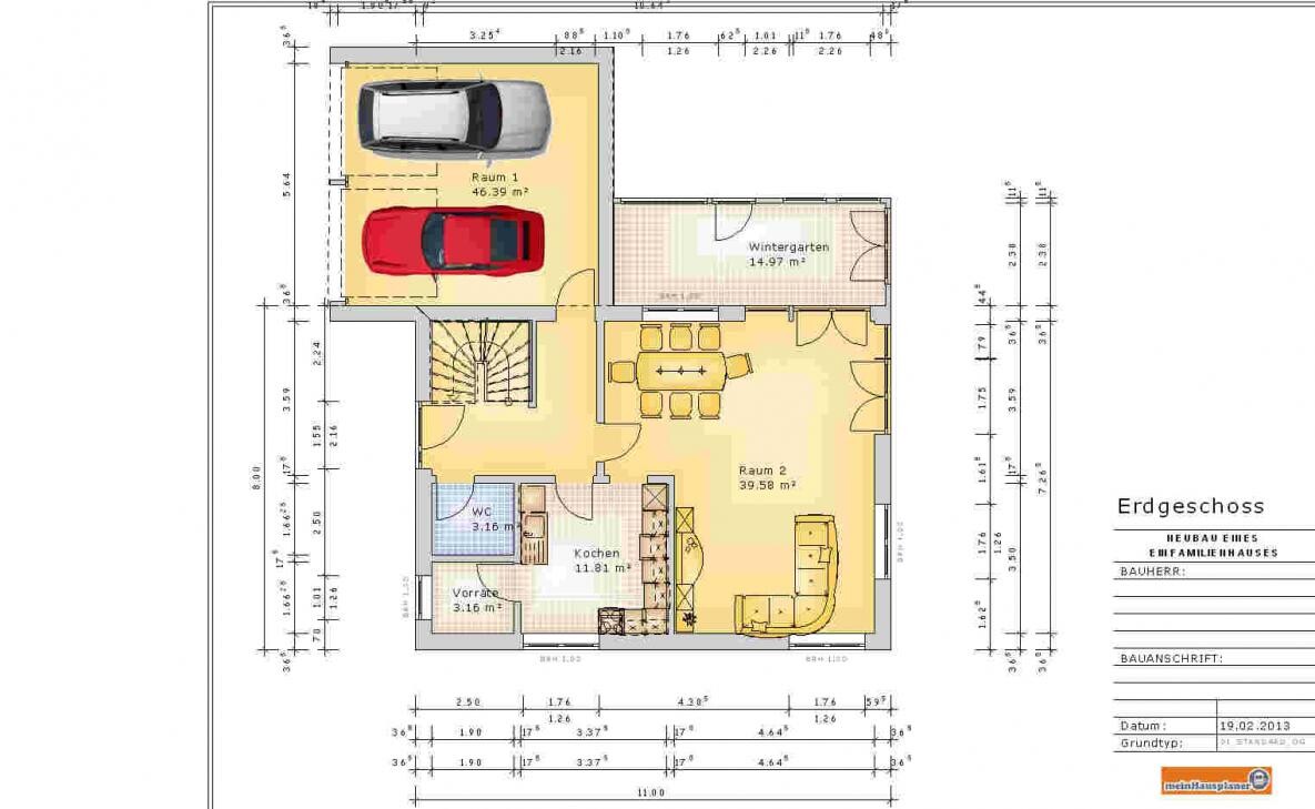 Ground floor plan: Garage with two cars, conservatory, kitchen, pantry, WC, room 2.