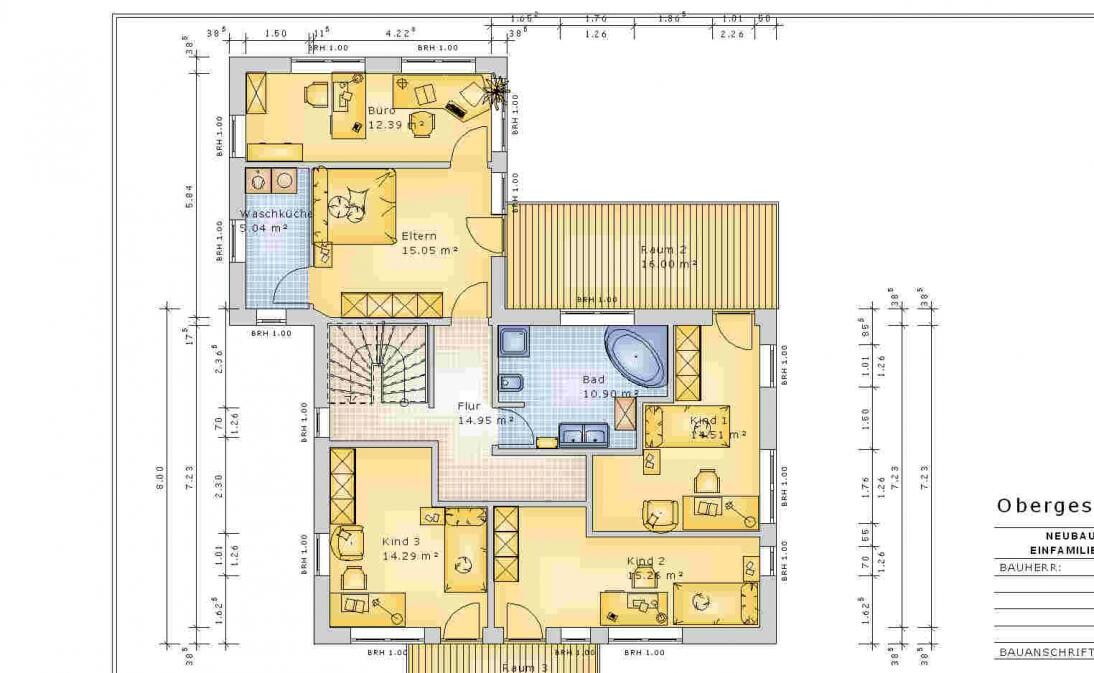 Upper floor plan of a house with master bedroom, children’s room, bathroom, hallway, office.