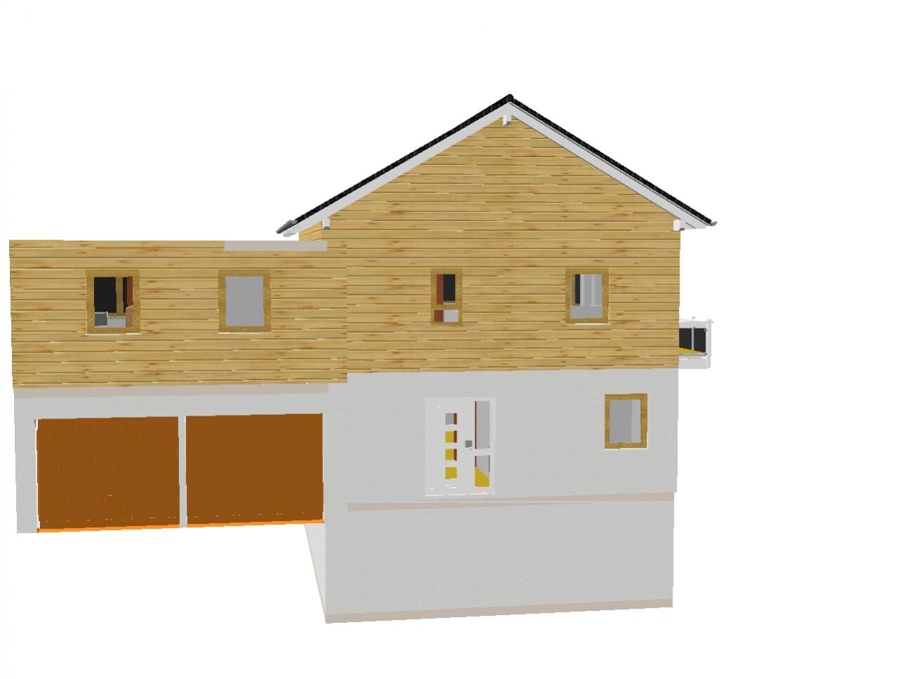 Two-story house with wooden facade on the upper floor, gray base below, double garage on the left, entrance in the middle.