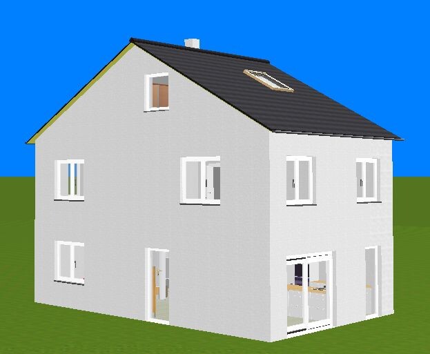 Two-story white house with dark pitched roof, several windows and glass door to the terrace
