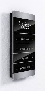 Wall thermostat with digital display and controls for heating, shading, and ceiling fan