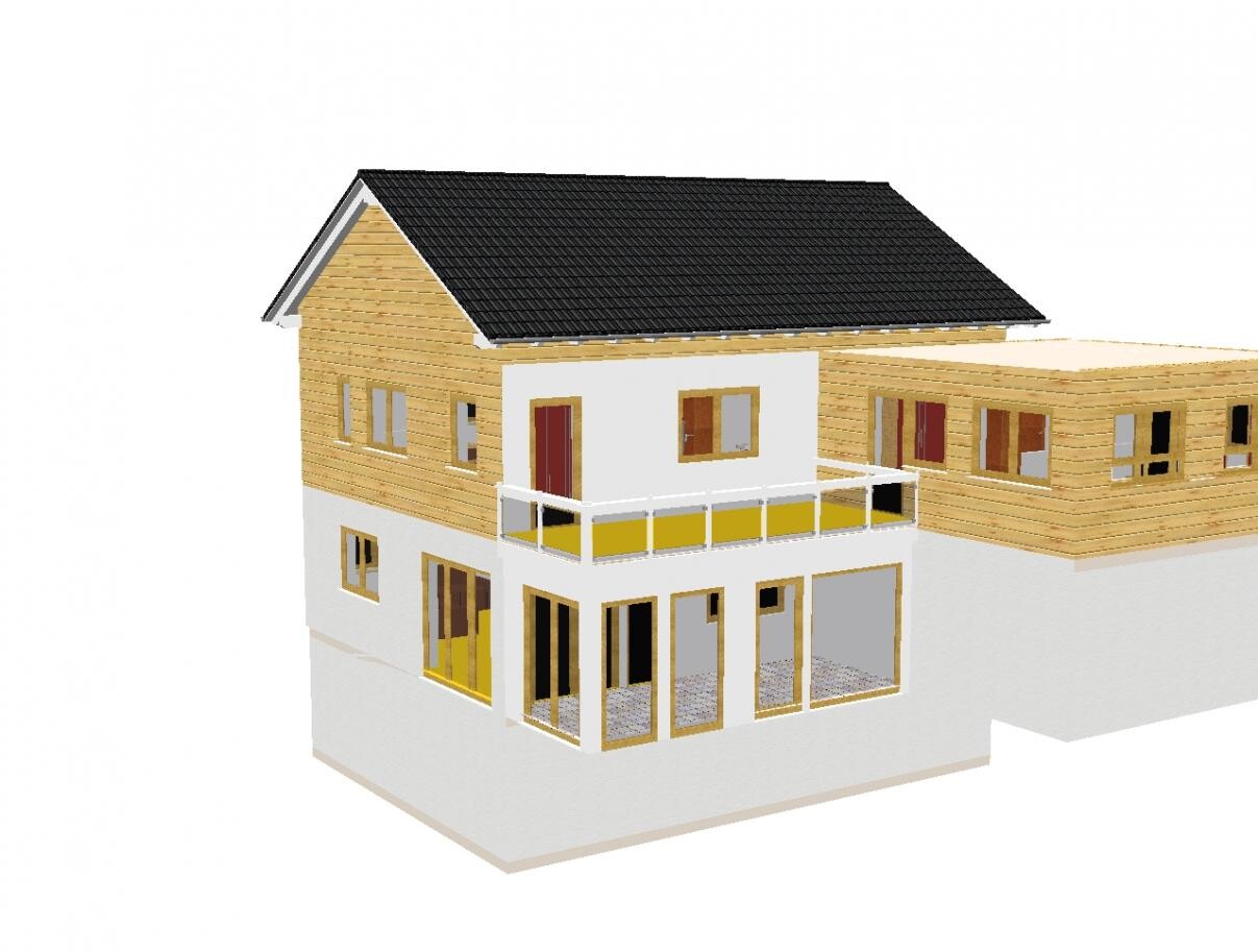Two-story house with wooden facade, white base, black tiled roof, and spacious glass veranda.