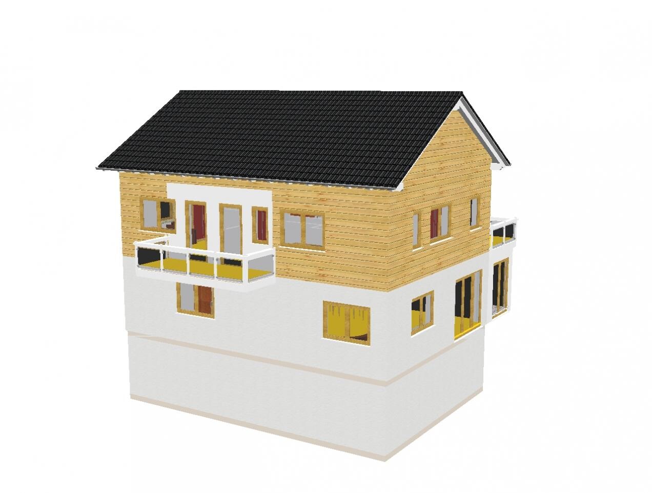 3D view of a two-story house with wooden facade, white lower section, and balcony.