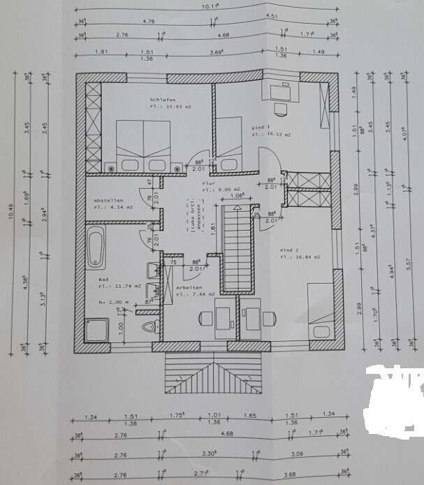 Floor plan of a house: bedroom, children’s room, bathroom, hallway, study, storage room, stairs.